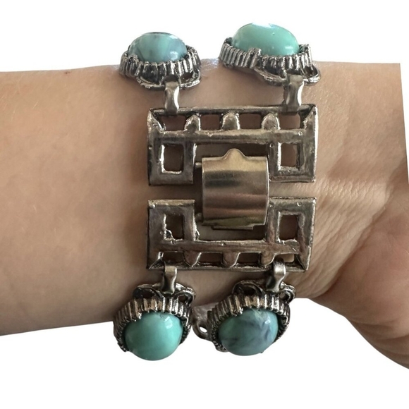 7.5" Vintage Double Layered Turquoise Silver Tone Panel Link Cuff Bracelet - Picture 2 of 6